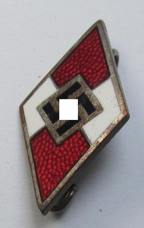 Neat - and I deem early-period! - HJ (ie. 'Hitlerjugend') enamelled lapel-pin (ie.: 'Raute') being a bright-red-coloured- and/or truly detailed example showing a: 'Ges.Gesch.'-patent-pending-designation on its back