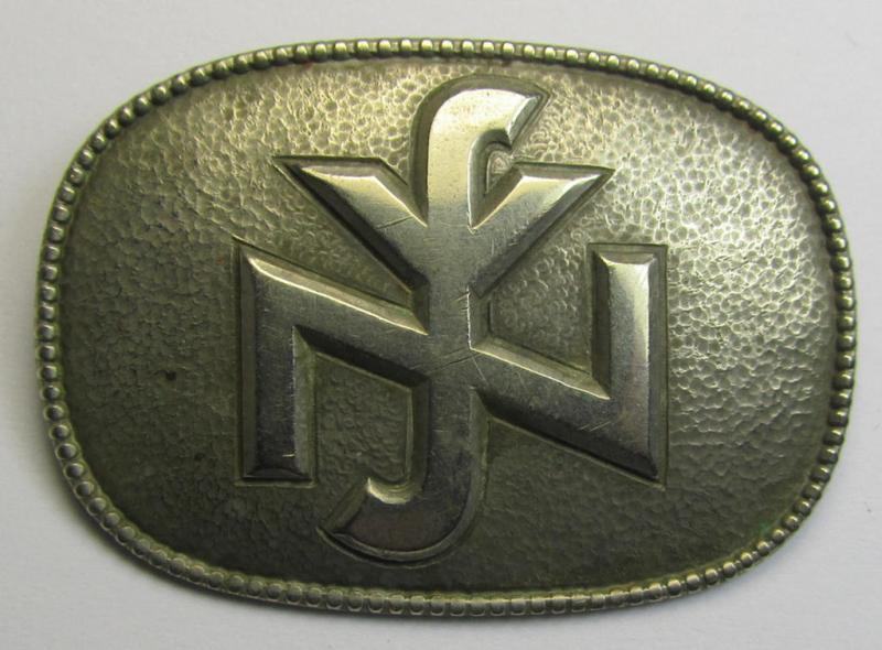 Attractive - albeit worn! - so-called: N.S.V. (ie. 'Nationalsocialistische Volkswohlfahrt') membership-lapel-pin (ie. 'Brosche') as executed in bronze-toned 'Feinzink' as was specifically intended for: 'Staatlich geprüfte Kindergärtnerinnen'