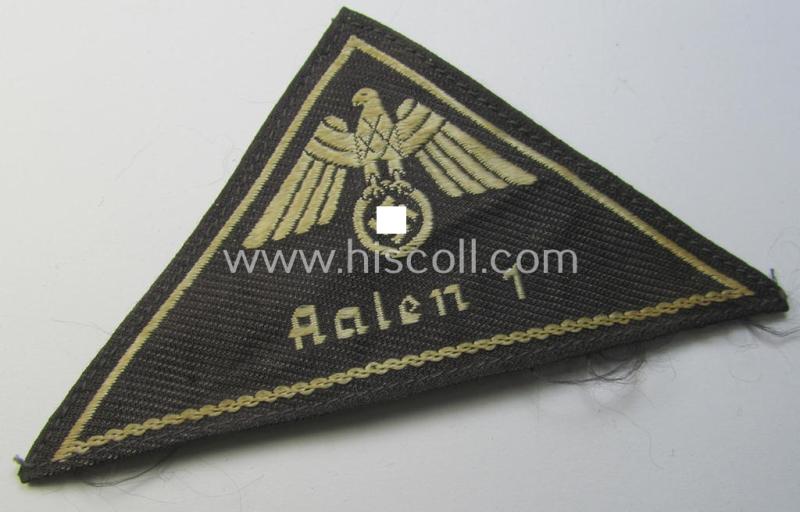 Attractive, German Red Cross (ie. 'Deutsches Rotes Kreuz' or 'DRK') greyish-coloured- and/or (typically) triangular-shaped arm-eagle entitled: 'Aalen 1' as was executed in the neat 'BeVo'-weave pattern