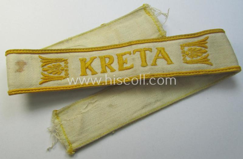 Superb, WH (LW o. Heeres) cuff-title (ie. 'Ärmelstreifen') entitled: 'Kreta' (being a wonderful- and totally non-shortened example that comes in a truly issued- ie. I deem once tunic-attached, condition)