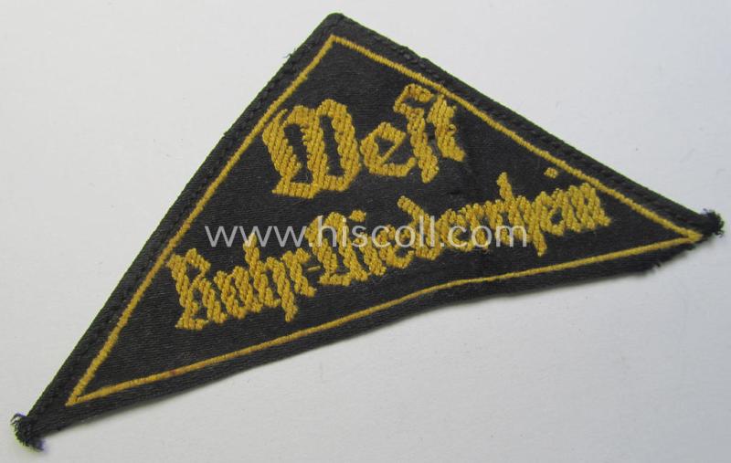 'HJ' ('Hitlerjugend') district-triangle (ie. 'Gebietsdreieck') entitled: 'West Ruhr-Niederrhein' (being a just moderately used- and worn example that misses its 'RzM'-etiket)
