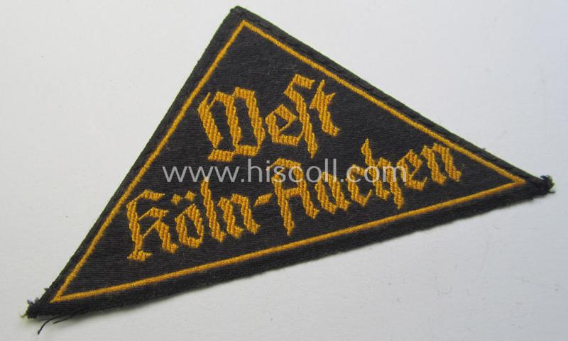 'HJ' ('Hitlerjugend') district-triangle (ie. 'Gebietsdreieck') entitled: 'West Köln-Aachen' (being a just moderately used- and worn example that misses its 'RzM'-etiket)