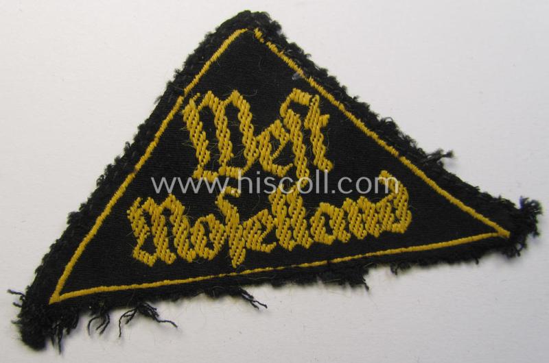 Clearly used 'HJ'- ('Hitlerjugend'-) district-triangle (ie. 'Gebietsdreieck') entitled: 'West Moselland' (being a used- and/or clearly once tunic-/shirt-attached example that misses its so-called: 'RzM'-etiket)
