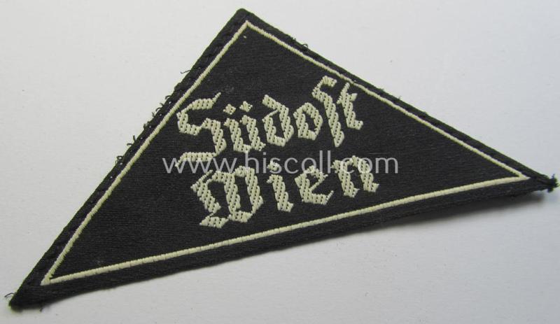 'HJ'- ('Hitlerjugend') ie. 'BDM'- ('Bund Deutscher Mädel') district-triangle (ie. 'Gebietsdreieck') entitled: 'Südost Wien' (being a hardly used- nor worn example that still retains its period 'RzM'-etiket)