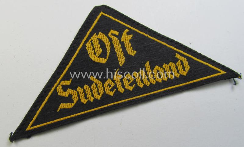 'HJ' ('Hitlerjugend') district-triangle (ie. 'Gebietsdreieck') entitled: 'Ost Sudetenland' (being a hardly used- nor worn example that still retains its period-attached 'RzM'-etiket)