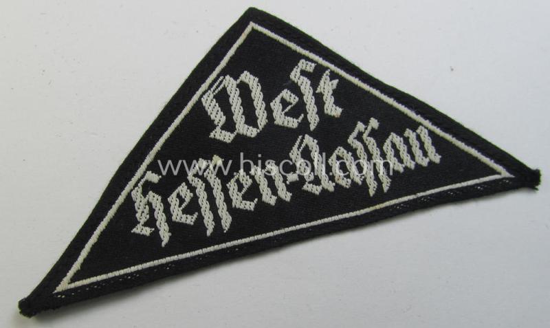 'HJ' ('Hitlerjugend') ie. 'BDM'- ('Bund Deutscher Mädel') district-triangle (ie. 'Gebietsdreieck') entitled: 'West Hessen-Nassau' (being a hardly used- nor worn example that still retains its period-attached 'RzM'-etiket)