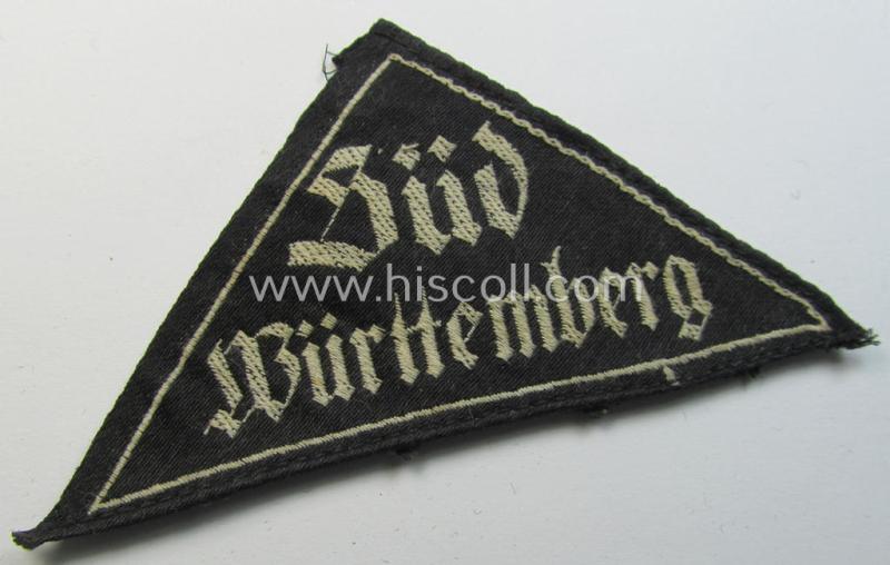 'HJ' ('Hitlerjugend') ie. 'BDM'- ('Bund Deutscher Mädel') district-triangle (ie. 'Gebietsdreieck') entitled: 'Süd Württemberg' (being a clearly used- ie worn example that regrettably misses its 'RzM'-etiket)
