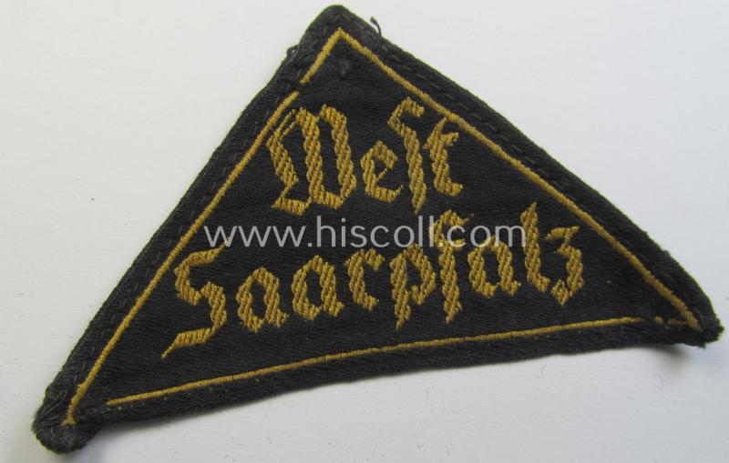 'HJ' ('Hitlerjugend') district-triangle (ie. 'Gebietsdreieck') entitled: 'West Saarpfalz' (being a clearly used- ie worn example that regrettably misses its 'RzM'-etiket)