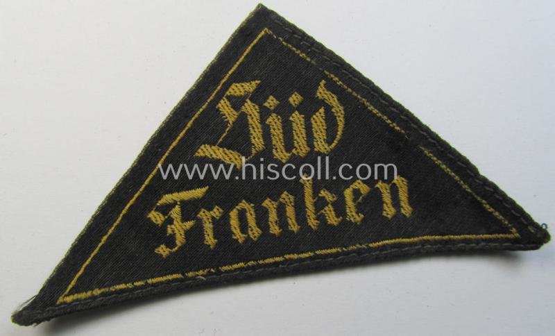 Early-period, 'HJ' ('Hitlerjugend') district-triangle (ie. 'Gebietsdreieck') entitled: 'Süd Franken' (being a clearly used- ie worn example that regrettably misses its 'RzM'-etiket)