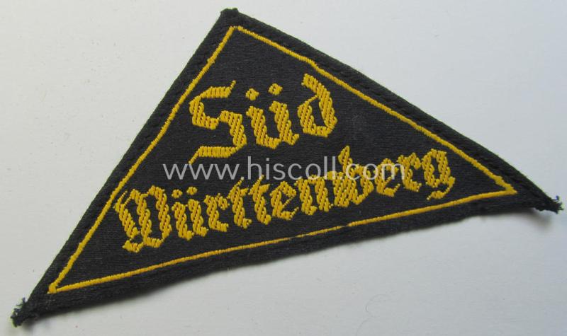 'HJ' ('Hitlerjugend') district-triangle (ie. 'Gebietsdreieck') entitled: 'Süd Württemberg' (being a clearly used- ie worn example that regrettably misses its 'RzM'-etiket)