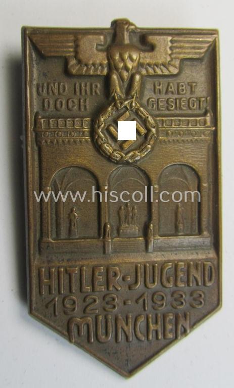 Very attractive - and actually scarcely encountered! - HJ (ie.'Hitlerjugend') related 'tinnie' (ie. 'Veranstaltungsabzeichen') being a clearly maker- (ie. 'H. Wittmann'-) marked example showing the text: 'Hitler-Jugend 1923-1933 München'