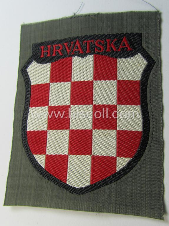 Superb, multi-coloured- and/or 'BeVo'-woven armshield (ie. 'Ärmelschild') entitled: 'Hrvatska' as was intended for usage by a volunteer who served within the 'Deutsche Wehrmacht' ie. within the 'Kroatische Legion'