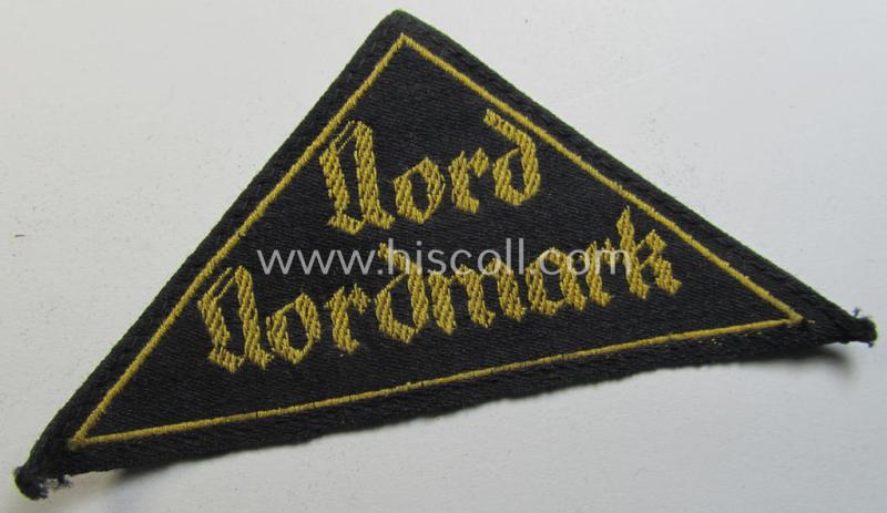 'HJ' ('Hitlerjugend') district-triangle (ie. 'Gebietsdreieck') entitled: 'Nord Nordmark' (being a clearly used- ie worn example that regrettably misses its 'RzM'-etiket)