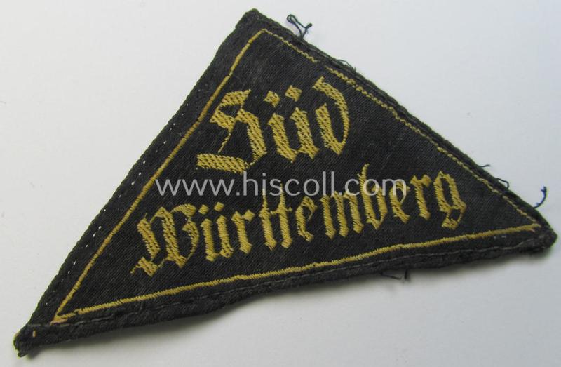 Early-period 'HJ' ('Hitlerjugend') district-triangle (ie. 'Gebietsdreieck') entitled: 'SÃ¼d WÃ¼rttemberg' (being a clearly used- ie worn example that regrettably misses its 'RzM'-etiket)
