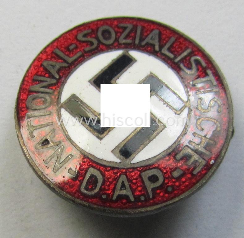 Superb - darker-red-coloured and very nicely preserved! - so-called: 'N.S.D.A.P.'-supporter-pin- ie. party-badge (or: 'Parteiabzeichen') being a smaller-sized, 'variant'-specimen that it totally void of a makers'-designation