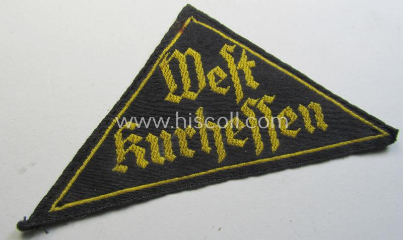 Attractive - and not that easily found! - 'HJ' ('Hitlerjugend') district-triangle (ie. 'Gebietsdreieck') entitled: 'West Kurhessen' (being a clearly used- ie. worn example that regrettably misses its 'RzM'-etiket)