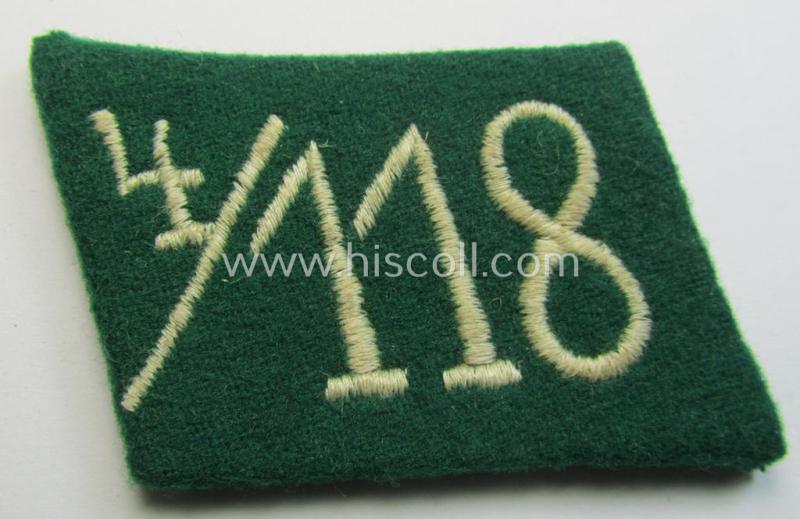 Neat - albeit single! - SA (ie. 'Sturmabteilungen') collar-patch (ie. 'Kragenspiegel') as executed in darker-green-coloured wool as was intended for an: 'SA-Mann' serving within the 'SA-Standarte 118' ('SA-Gruppe Kurpfalz o. Nordsee')