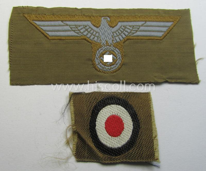 Superb, WH (Heeres) 'tropical-issue' (ie. DAK or: 'Deutsches Afrika Korps'-related-) side-cap-eagle and dito cocarde-set as executed in 'BeVo'-weave-pattern (both insignia-pieces coming in an overall very nice- ie. 'virtually mint' condition)