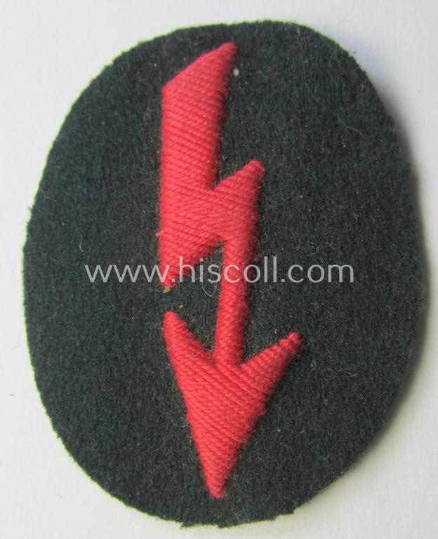 WH (Heeres) trade- and/or special-career-insignia ie. hand-embroidered 'signal-blitz' being a nicely maker-marked example as executed in pink linnen as was specifically intended for a soldier within the: 'Pz- o. Panzerjäger-Truppen'