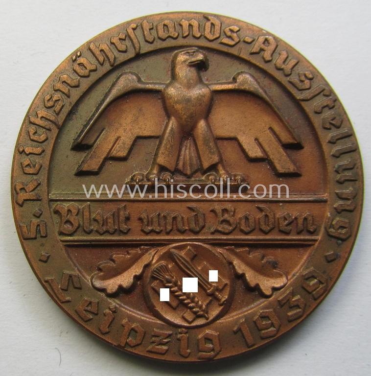 Attractive - medium-sized- and/or typical reddish-bronze-toned - so-called: 'Reichsnährstand'- (ie. 'RNSt.'-) related, commemorative-award-plaque entitled: '5. Reichsnährstand Austellung - Leipzig 1939 - Frischbutter'