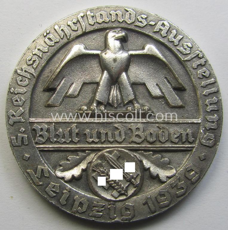 Attractive - medium-sized- and/or typical silverish-toned - so-called: 'Reichsnährstand'- (ie. 'RNSt.'-) related, commemorative-award-plaque entitled: '5. Reichsnährstand Austellung - Leipzig 1939 - Speisequarg'