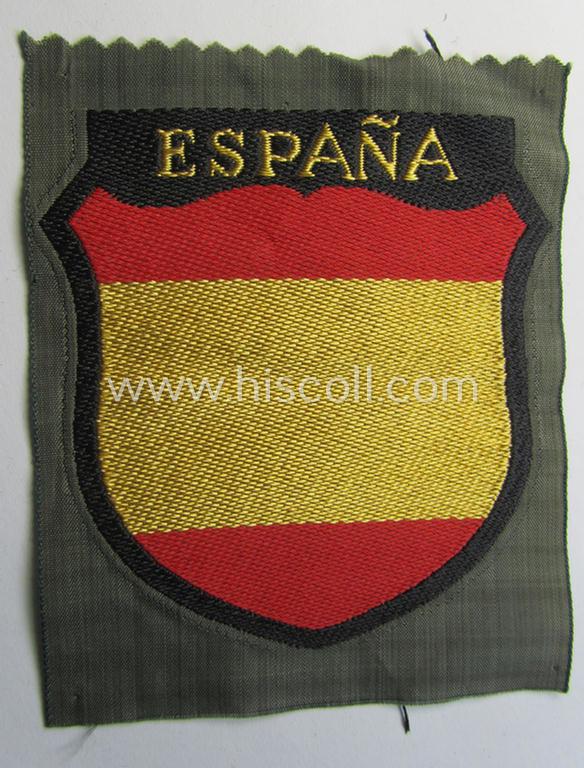 Superb, 'BeVo'-type armshield entitled: 'España' (being a 'virtually mint- ie. unissued' example as was intended for a volunteer who served within the 'Deutsche Wehrmacht' ie. within the famous 'Blue Division' ie. 'Blauer Division')