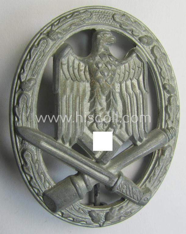 Attractive - and actually scarely seen! - 'Allgemeines Sturmabzeichen' (or: General Assault Badge ie. GAB) being a neatly maker (ie. 'A'-) marked, zinc- ie. 'Feinzink'-based-variant as was produced by the: 'Assmann & Söhne'-company
