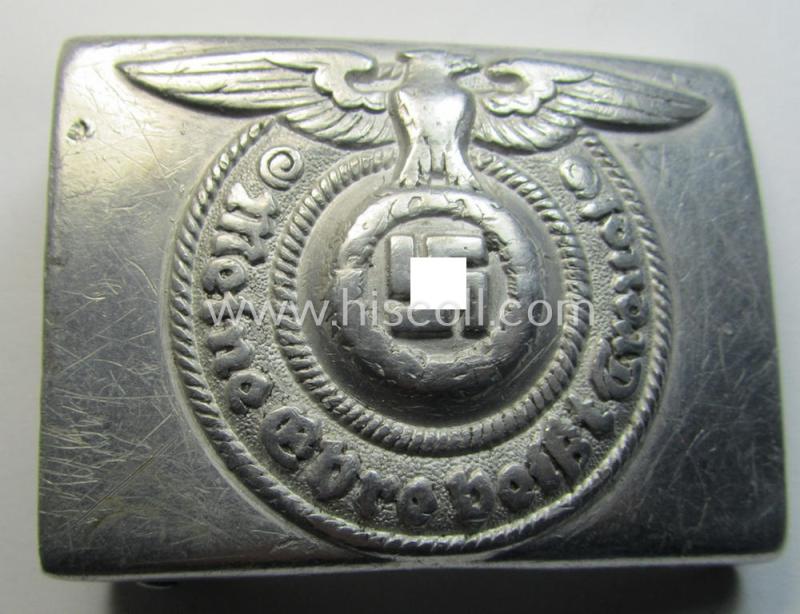 Attractive, SS- (ie. Waffen-SS), aluminium-based enlisted-mens'- (ie. NCO-type-) belt-buckle being a neatly maker- (ie. 'RzM - 822/37 SS'-) marked example that comes in a clearly used- ie. worn, condition
