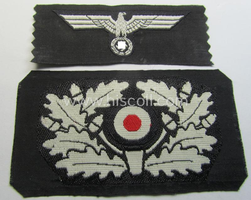 Superb - and scarcely encountered! - early-war-period type (ie. I deem around 1939/40) WH (Heeres) 'BeVo'-woven eagle- and cocarde-insignia-set as was specifically intended for usage on the black-coloured 'Panzer'-beret (ie. 'Panzerschutzmütze')