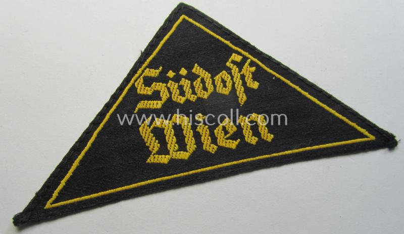 Superb, 'HJ' ('Hitlerjugend') district-triangle (ie. 'Gebietsdreieck') entitled: 'Südost Wien' (being a hardly used- nor worn example that still retains its period-attached 'RzM'-etiket)