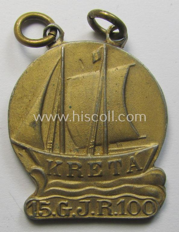 Superb, bright-golden-toned- (I deem zinc- ie. 'Feinzink'-based) 'Gebirgsjäger'-related item: a semi-official - and with certainty rarely encountered! - commemorative-medal (ie. talisman or: 'Url') entitled: 'Kreta - 15. G.J.R. 100'