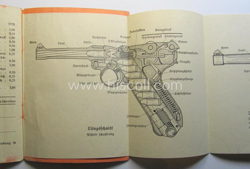 Attractive - and scarcely found! - smaller-sized, period WH-instruction-booklet entitled: 'Die Pistole 08 - Beschreibung und Handhabung' (or instruction- ie. training-manual for the P08 pistol) as was published by the: 'Heinz Denckler Verlag'