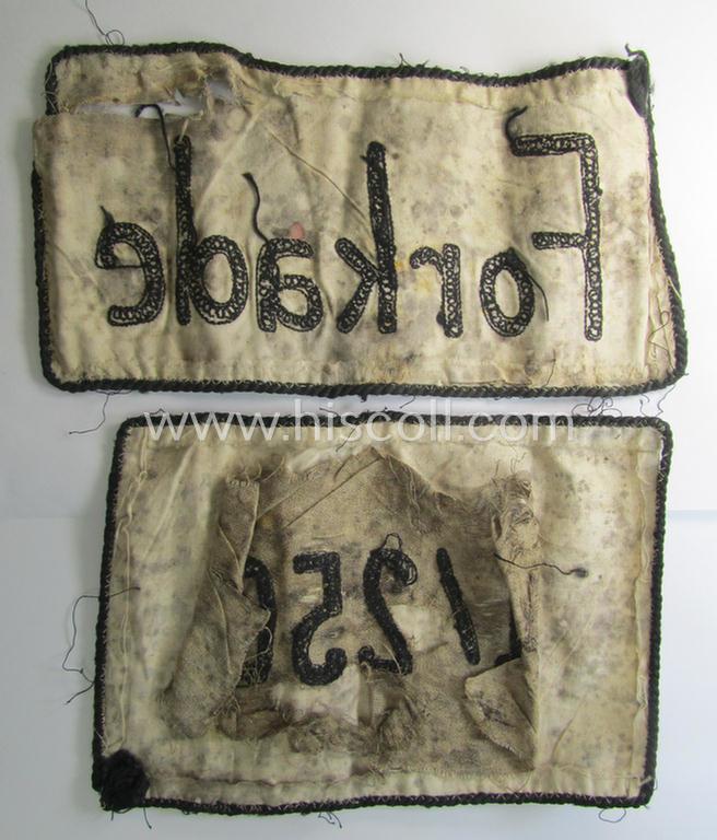 Interesting, 2-pieced set comprising of two 'patches' that saw usage onto a HJ- ie. DJ-'Gefolgschaftsfahne' showing the machine-stitched name 'Forkade' and/or unit-numerals: '1/250' and that come both in a clearly used- ie. relic, condition