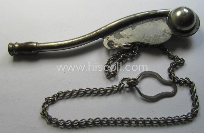 Neat, WH (Kriegsmarine) personal-equipment-item: a silver-coloured- and (I deem) nickle-chrome-based flute (ie. 'Bootsmanns-Flöte') that comes mounted onto its original chain and  'attachement-ring'