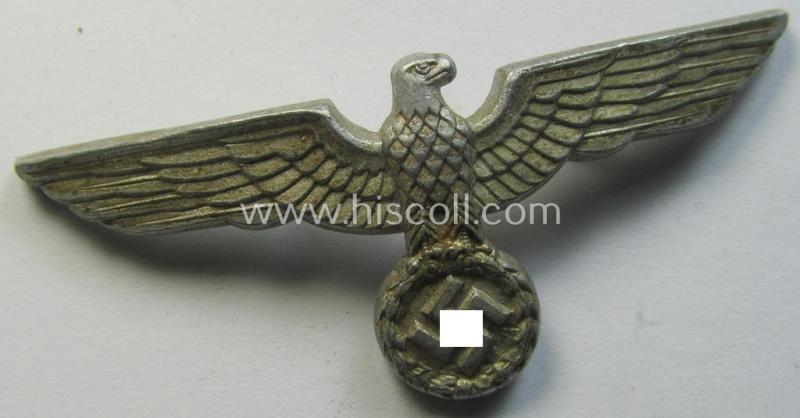 Neat, WH (Heeres) tarnished silver-toned (ie. aluminium-based), EM- (ie. NCO- or officers') type visor-cap-eagle being a clearly maker- (ie. 'R.S.& S.'-) marked example that comes in a just minimally used- ie. once cap-attached, condition