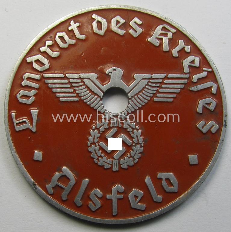 Neat - and fairly unusually seen! - WWII-period, so-called: license-plate-plaque, being a bright-red-coloured- and/or aluminium-based example that shows the superimposed text: 'Landrat des Kreises Alsfeld'