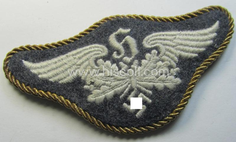 Attractive - and scarcely seen! - example of a WH (LW) machine-embroidered, trade- ie. special-career-patch (ie. 'Tätigkeitsabzeichen') having a golden-coloured 'Goldkordel' period-attached as was intended for: 'Horcher' (ie. sound-locator staff)