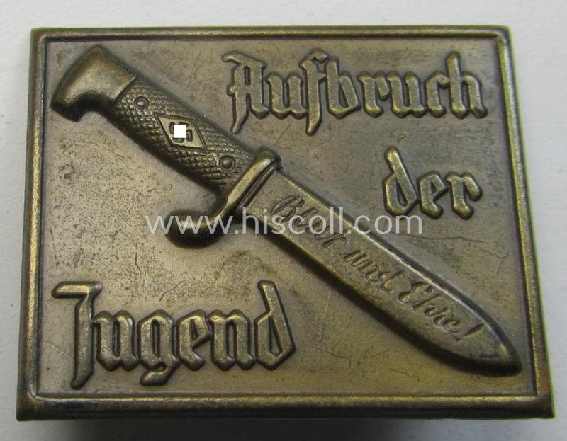 Stunning - and rarely encountered! - HJ- (ie.'Hitlerjugend'-) related 'tinnie' being a maker- (ie. 'Kerbach & Israel'-) marked example showing a detailed 'HJ-Fahrtenmesser' and text that simply reads: 'Aufbruch der Jugend'