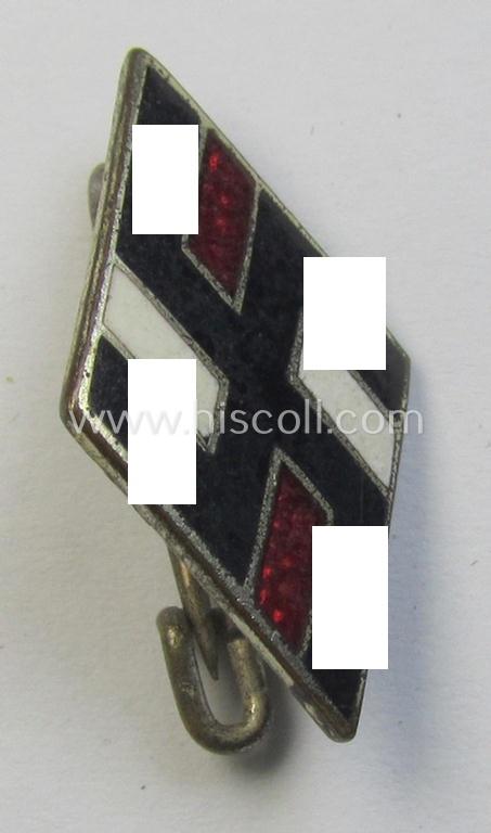 Attractive, 'NS-Studentenbund' enamelled lapel-pin (ie.: 'Raute') being a bright-red-, black- and white-coloured- and/or detailed example showing a clear maker- (ie. 'RzM M1/15'-) designation on its back