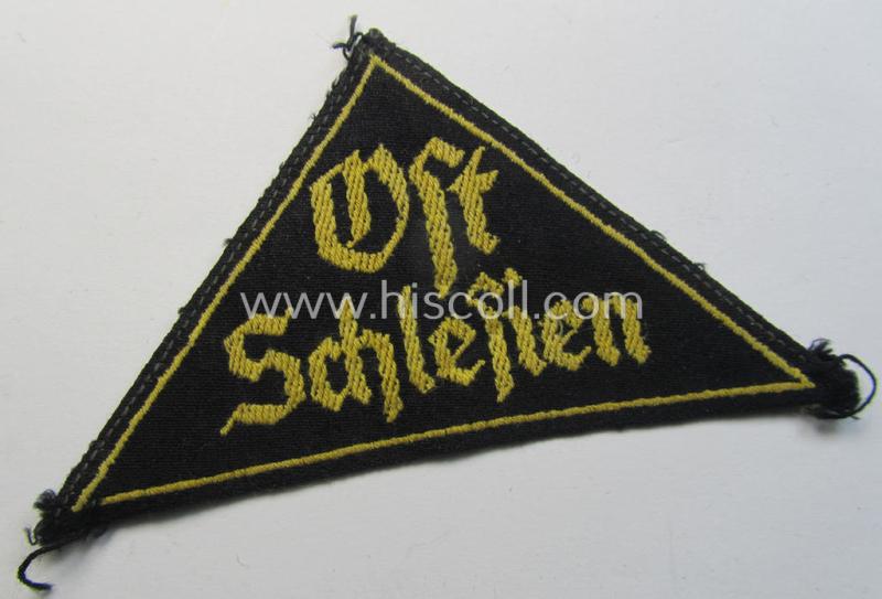 Superb - and extremely rarely encountered! - 'HJ' ('Hitlerjugend') district-triangle (ie. 'Gebietsdreieck') entitled: 'Ost Schlesien' (being a truly worn- ie. used specimen that misses its 'RzM'-etiket)