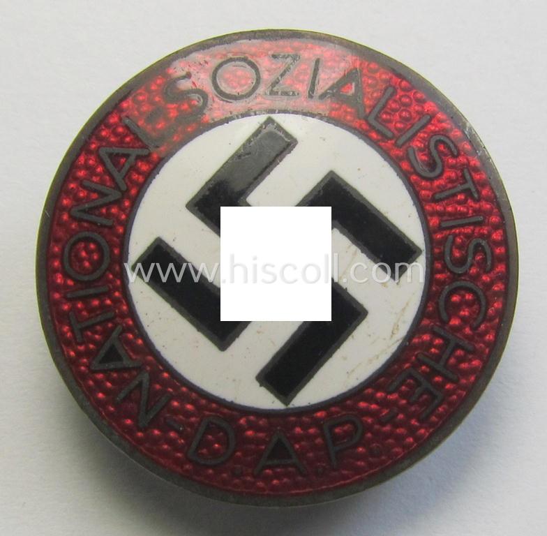 Superb - bright-red-coloured and nicely preserved! - 'N.S.D.A.P.'-membership-pin- ie. party-badge (or: 'Parteiabzeichen') which is maker-marked on its back with the makers'-designation: 'RzM' and/or: 'M1/72'