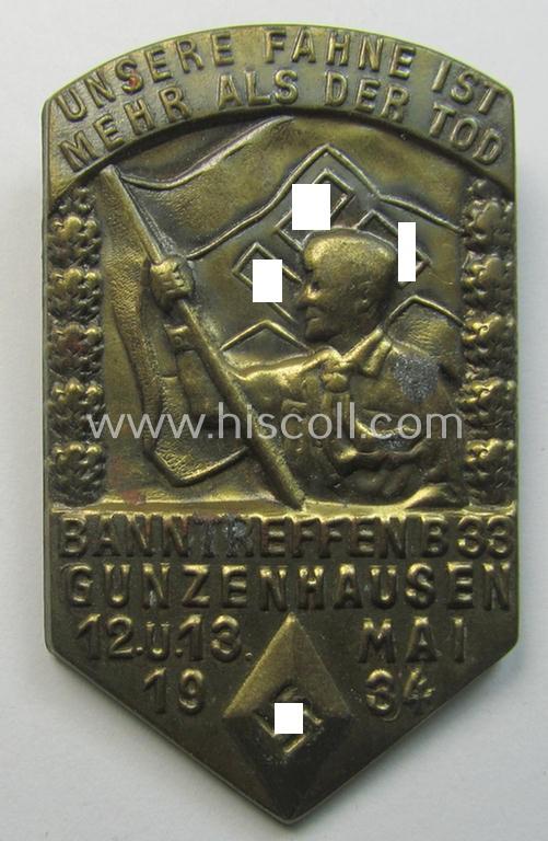 Superb - and fairly early-period! - HJ ('Hitlerjugend') related 'tinnie' being a bronze-toned- albeit non-maker-marked example that is showing a HJ-member with flag, HJ-'Raute' and text: 'Banntreffen 33 - Gunzenhausen - 12.-13. Mai 1934'