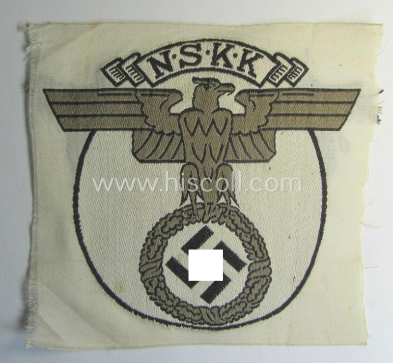 Attractive - and never before seen! - truly larger-sized- and colourful so-called: N.S.K.K. (ie. 'National Socialistisches Kraftfahr Korps') (sport-shirt) eagle-device ie. patch as executed in multi-coloured 'BeVo'-weave pattern