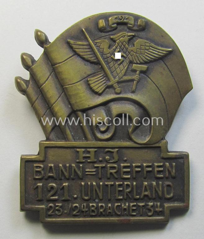 Superb - and scarcely encountered! - HJ- (Hitlerjugend-) related day-badge (ie. 'tinnie' or: 'Veranstaltungsabzeichen') as was issued to commemorate a HJ-related gathering ie. rally named: 'H.J. Bann-Treffen - 121. Unterland - 23./24. Brachet 34'