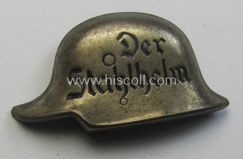 Attractive lapel-pin (ie. 'Zivilabzeichen') denoting membership within: 'Der Stahlhelm' - Bund der Frontsoldaten (Sta)' being a neatly maker- (ie. 'G.D.'-) marked example that is executed in silvered metal (ie. 'Buntmetall')