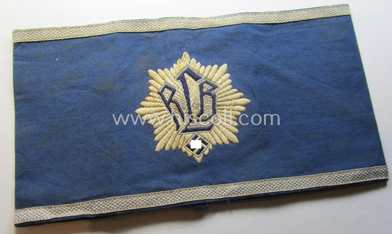 Superb - and actually scarcely found! - darker-blue-coloured RLB (or: 'Reichsluftschutzbund') so-called: 'Amtsträger Armbinde für Führer' depicting the typical 'RLB'-logo (with lettering) and that comes in a moderately used- ie. worn, condition