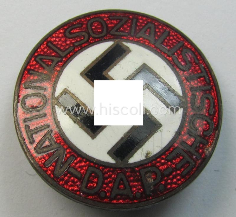 Neat - bright-red-coloured and nicely preserved! - 'N.S.D.A.P.'-membership-pin- ie. party-badge (or: 'Parteiabzeichen') which is maker-marked on its back with the makers'-designation: 'RzM' and/or: 'M1/8'
