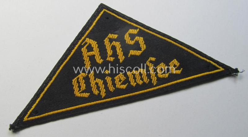 Superb - and extremely rarely encountered! - HJ (ie. 'Hitlerjugend') district-triangle entitled: 'AHS Chiemsee' (= 'Adolf Hitler Schule Chiemsee') still showing its period-attached 'RzM'-etiket