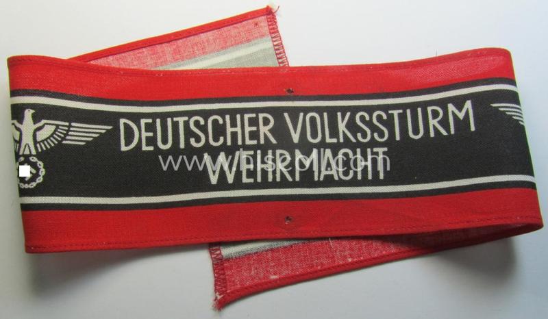 Superb, typically printed- and/or later-war-period, bright-red- and/or black-coloured so-called: 'Deutscher Volkssturm'-armband (ie. 'Armbinde') that comes in an overall very nice- (I deem hardly used- nor worn- ie. 'virtually mint'-), condition