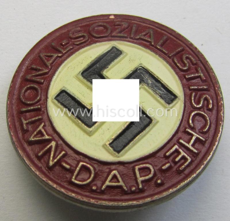 Non-enamelled (ie. painted/sprayed) red-coloured- and/or 'variant'-pattern 'N.S.D.A.P.' membership-pin- ie. party-badge (or: 'Parteiabzeichen') which is nicely maker-marked on the back with the makers'-designation: 'RzM' and/or: 'M1/148'